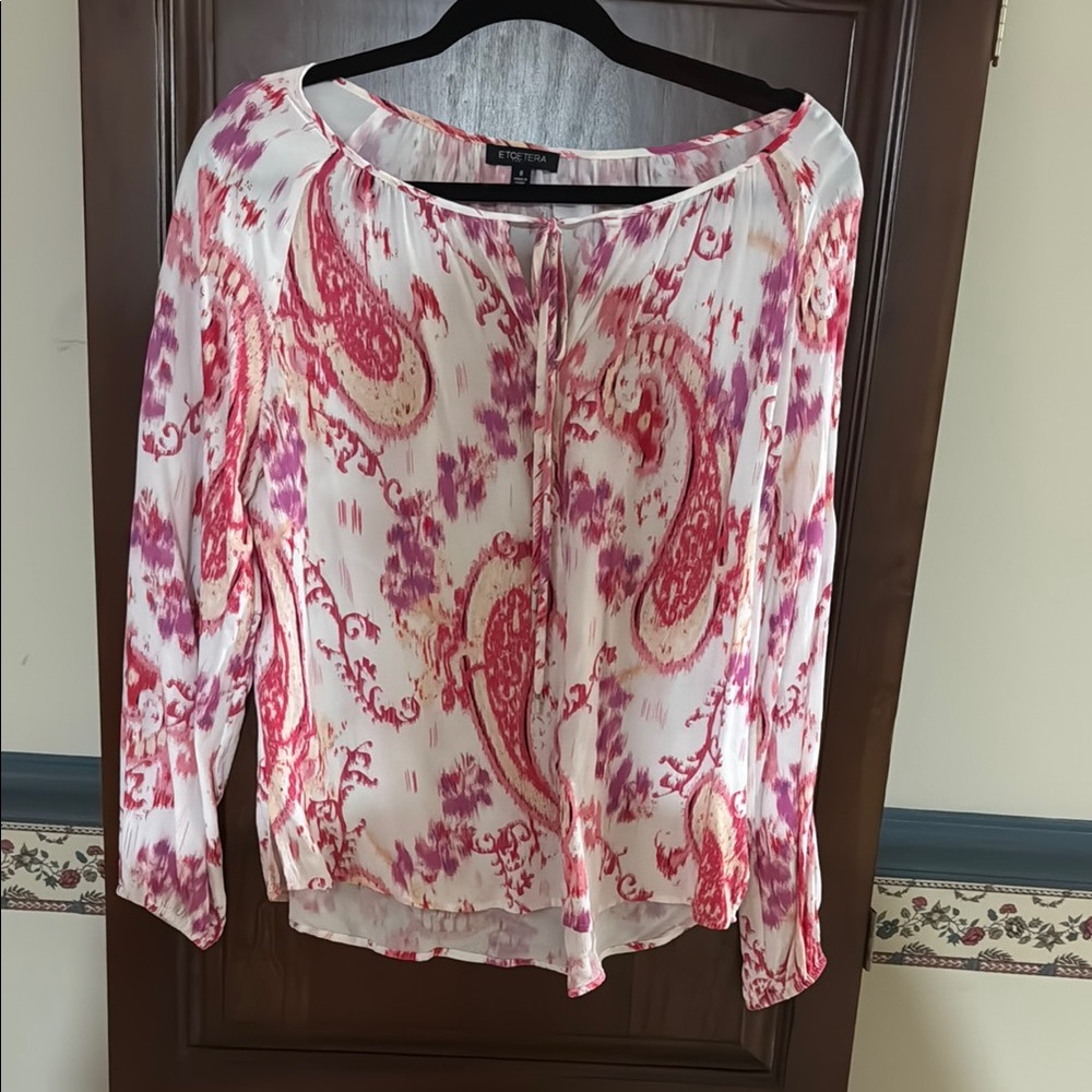 Etcetera Pink and White Long Sleeve Relaxed Blouse